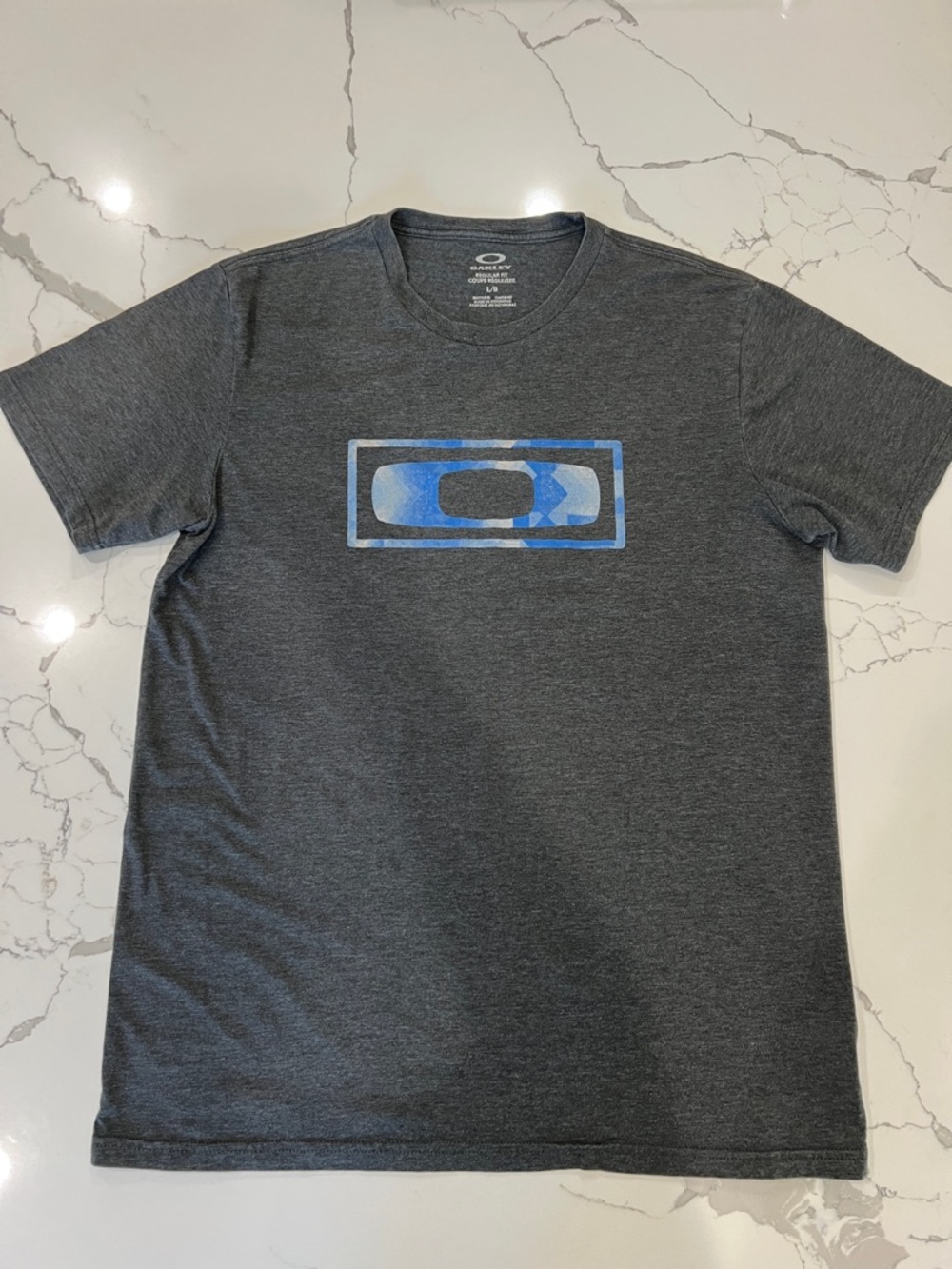 Oakley Mens Large Gray Heather Blue Graphic Logo Tee Shirt Regular Fit